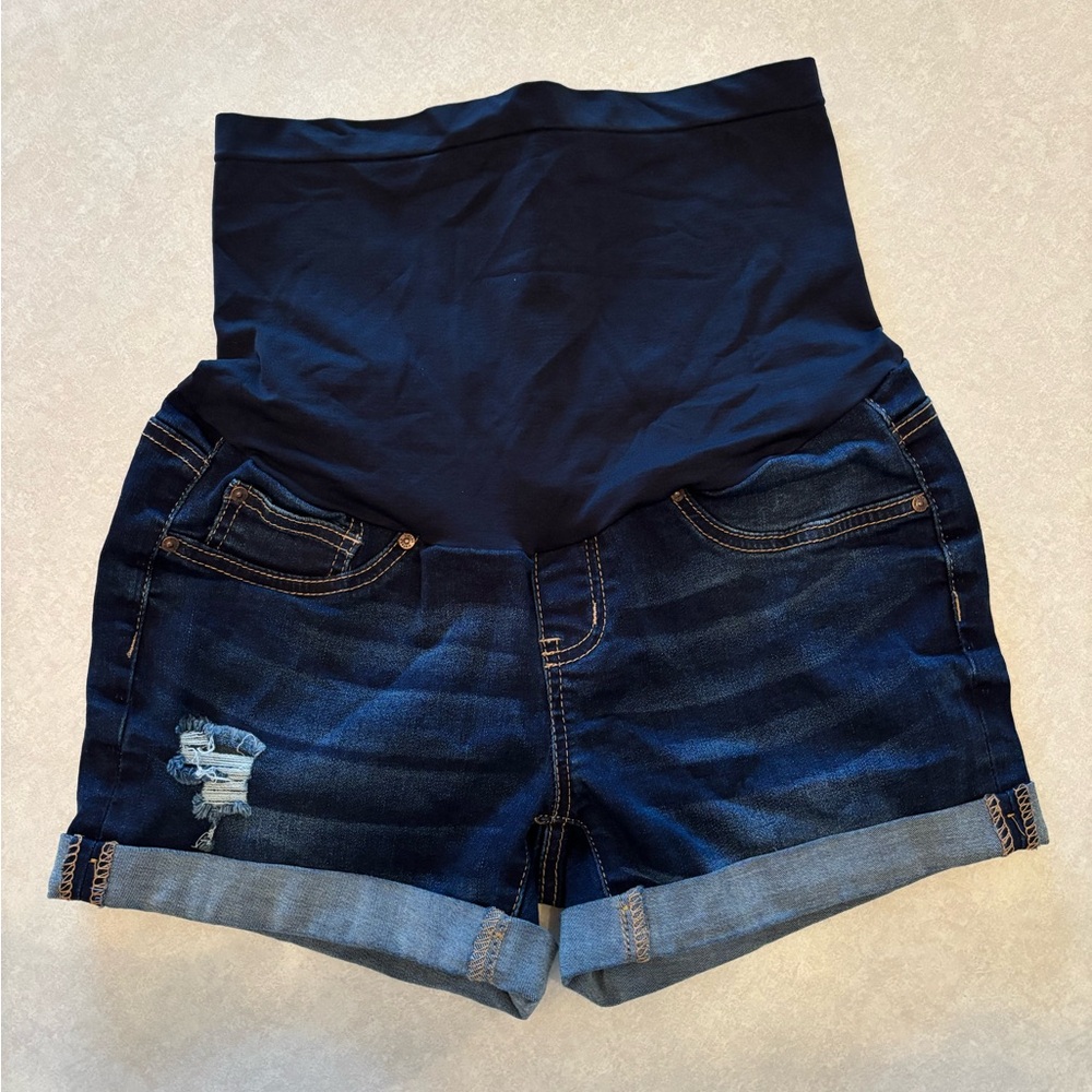 Maternity Dark Blue Denim Shorts with Elastic Waistband